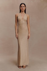 Harriet Halter Neck Diamante Maxi Dress - Sandy Gold